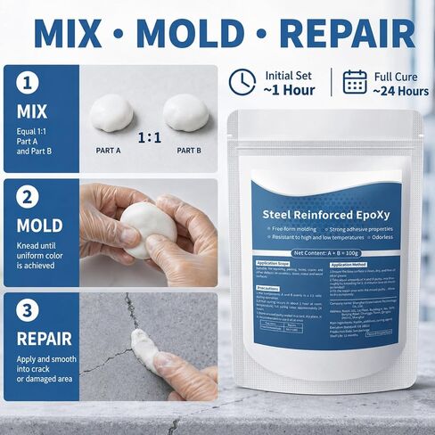 Steel Reinforced Epoxy Putty, Strong Clay Iron Adhesive, AB Two-Part, Waterproof, Heat Resistant, Fast Repair Filler for Metal Wood Ceramic Concrete Tile Plastic PVC Cracks Holes (1Pack-3.5oz) in Kuwait