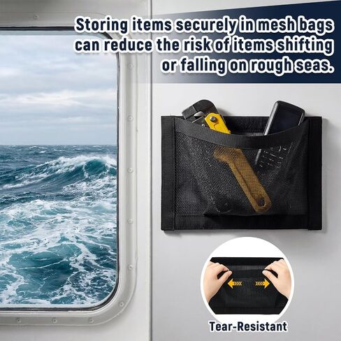 4 Pcs 10" x 7" Self-Adhesive Boat Storage Mesh Bag, Tear Resistant Waterproof Boat Storage Accessories, Sailboat Pontoonboat Caddy Organizer for Tackle, Tools, Gear, Gloves Small Items in Kuwait