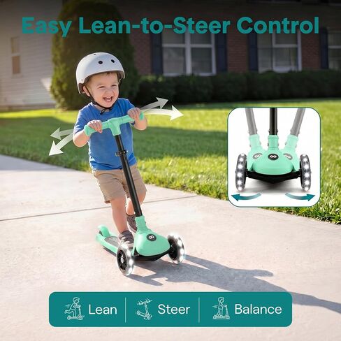 SereneLife Toddler Scooter, Adjustable Micro Scooter for Ages 2-5, Lightweight Kids 3 Wheel Design with LED Light-Up Wheels, Anti-Slip Deck & Lean-to-Steer Control, Indoor/Outdoor Use (Mint Green) in Kuwait
