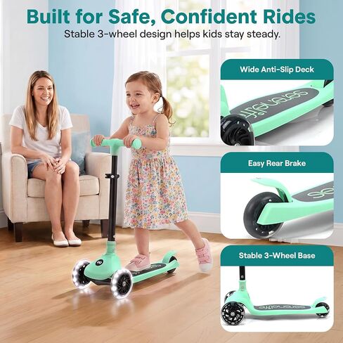 SereneLife Toddler Scooter, Adjustable Micro Scooter for Ages 2-5, Lightweight Kids 3 Wheel Design with LED Light-Up Wheels, Anti-Slip Deck & Lean-to-Steer Control, Indoor/Outdoor Use (Mint Green) in Kuwait