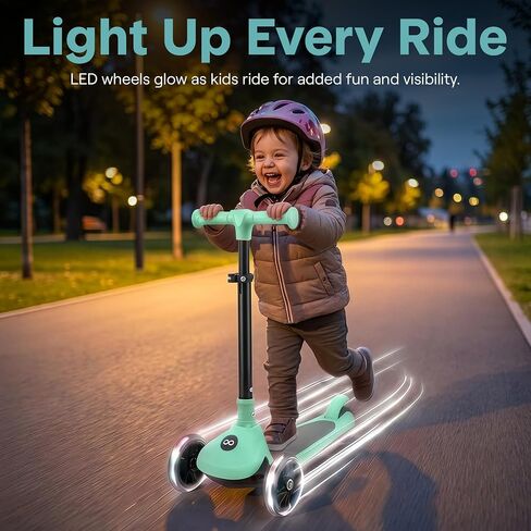 SereneLife Toddler Scooter, Adjustable Micro Scooter for Ages 2-5, Lightweight Kids 3 Wheel Design with LED Light-Up Wheels, Anti-Slip Deck & Lean-to-Steer Control, Indoor/Outdoor Use (Mint Green) in Kuwait