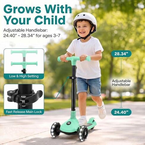 SereneLife Toddler Scooter, Adjustable Micro Scooter for Ages 2-5, Lightweight Kids 3 Wheel Design with LED Light-Up Wheels, Anti-Slip Deck & Lean-to-Steer Control, Indoor/Outdoor Use (Mint Green) in Kuwait