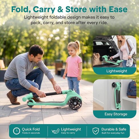 SereneLife Toddler Scooter, Adjustable Micro Scooter for Ages 2-5, Lightweight Kids 3 Wheel Design with LED Light-Up Wheels, Anti-Slip Deck & Lean-to-Steer Control, Indoor/Outdoor Use (Mint Green) in Kuwait