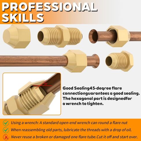 6 PCS Brass 45 Degree Flare Tube Fitting for Air Conditioning Copper Pipe Extension Butt Flare Nut Fittings for 1/4" 5/16" 3/8" 1/2" 5/8" 3/4" OD in Kuwait