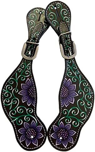 Leather Spur Straps with Painted Purple Flowers Teal Green Vine in Kuwait
