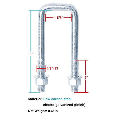 6 PCS 1-1/2" Wide Square U-Bolt, 1/2" x 1-5/8" x 5" Square Boat Trailer U Bolts Clamp, Electro-Galvanized in Kuwait