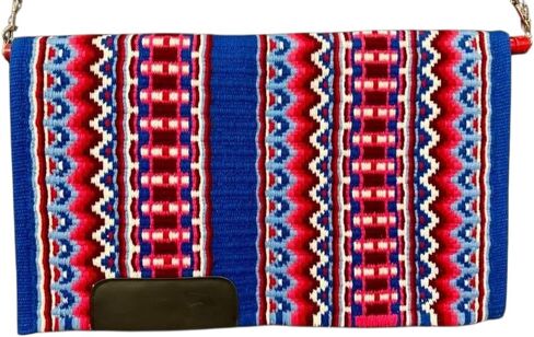 Western Show Blanket, Blue Red White Geometric Pattern, Saddle Pad with Gold Chain Strap in Kuwait