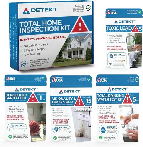 طقم اختبار فحص المنزل رقم 1 من Detekt® - فحص شامل للهواء والماء والمخاطر - صنع في الولايات المتحدة الأمريكية - يكتشف على الفور الرصاص وجودة المياه والعفن والبكتيريا وأجهزة التدفئة والتهوية وتكييف الهواء والأساسات in Kuwait
