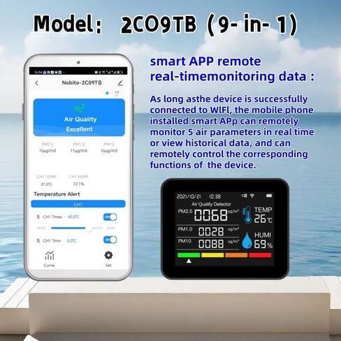 2CO9TB Smart WiFi Air Quality Monitor, Air Dust PM2.5 PM1.0 PM10 and Thermometer with Temperature and Humidity Alarm，Air Quality Tester for Bedroom, Indoor Detects，Smart Home in Saudi Arabia