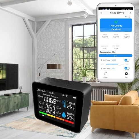 2CO9TB Smart WiFi Air Quality Monitor, Air Dust PM2.5 PM1.0 PM10 and Thermometer with Temperature and Humidity Alarm，Air Quality Tester for Bedroom, Indoor Detects，Smart Home in Saudi Arabia