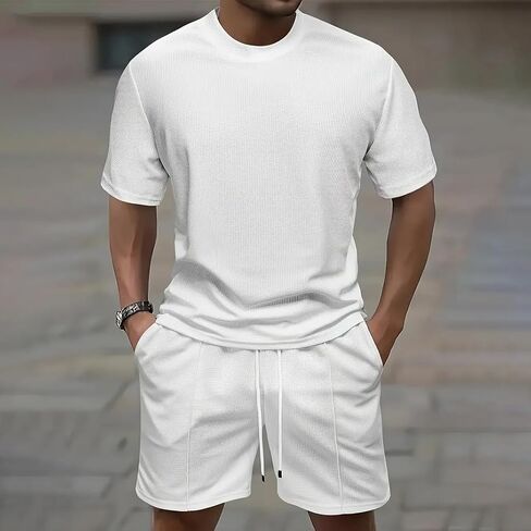Men's 2 Piece Waffle Knit Outfits Casual Short Sleeve Crew Neck T Shirt Drawstring Waist Shorts Summer Tracksuit in Kuwait