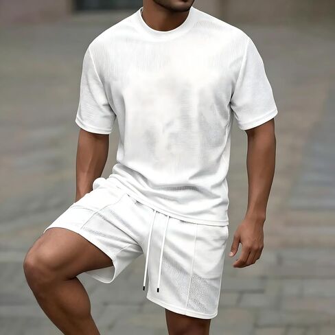 Men's 2 Piece Waffle Knit Outfits Casual Short Sleeve Crew Neck T Shirt Drawstring Waist Shorts Summer Tracksuit in Kuwait