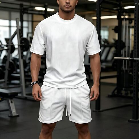 Men's 2 Piece Waffle Knit Outfits Casual Short Sleeve Crew Neck T Shirt Drawstring Waist Shorts Summer Tracksuit in Kuwait
