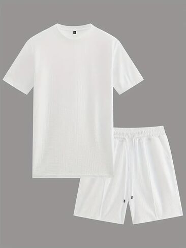 Men's 2 Piece Waffle Knit Outfits Casual Short Sleeve Crew Neck T Shirt Drawstring Waist Shorts Summer Tracksuit in Kuwait