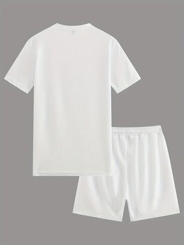 Men's 2 Piece Waffle Knit Outfits Casual Short Sleeve Crew Neck T Shirt Drawstring Waist Shorts Summer Tracksuit in Kuwait