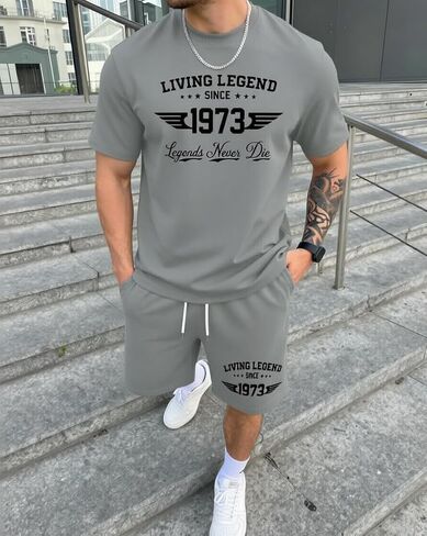 Men's 2-Piece Athletic Set - Living Legend Since 1973" Print Gym & Casual Tracksuit, Breathable Mesh Shorts with Pockets in Kuwait