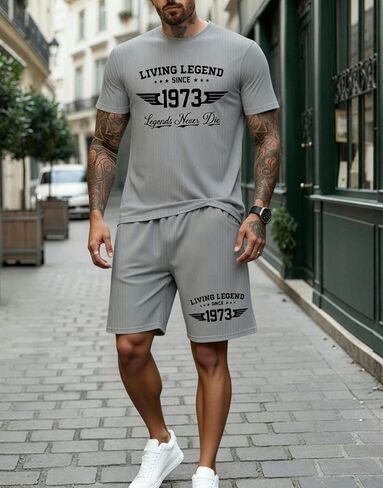 Men's 2-Piece Athletic Set - Living Legend Since 1973" Print Gym & Casual Tracksuit, Breathable Mesh Shorts with Pockets in Kuwait