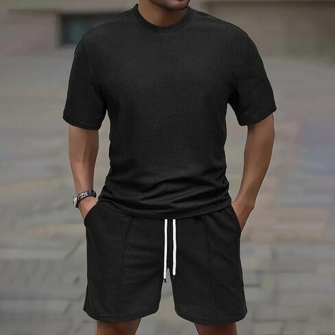 Men's 2 Piece Waffle Knit Outfits Casual Short Sleeve Crew Neck T Shirt Drawstring Waist Shorts Summer Tracksuit in Kuwait