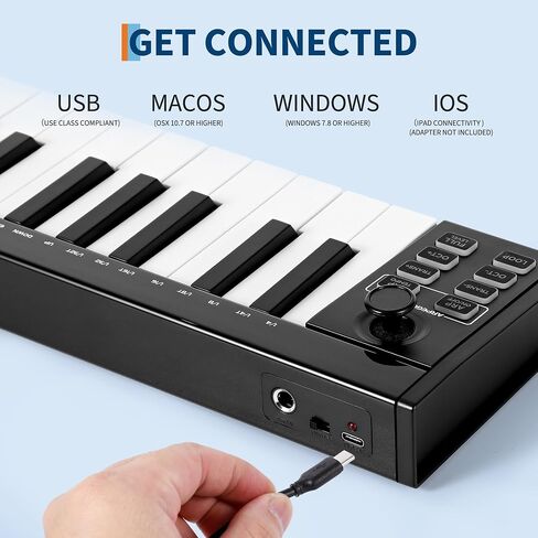 لوحة مفاتيح Senfot 37 مفتاح MIDI مع تكامل DAW، وحدة تحكم لوحة مفاتيح USB MIDI مع تبديل نصف نغمة، مرافقة ARP التلقائية والتحكم في السرعة، مثالية لإنتاج الموسيقى الاحترافية، أسود in Saudi Arabia
