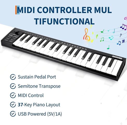 لوحة مفاتيح Senfot 37 مفتاح MIDI مع تكامل DAW، وحدة تحكم لوحة مفاتيح USB MIDI مع تبديل نصف نغمة، مرافقة ARP التلقائية والتحكم في السرعة، مثالية لإنتاج الموسيقى الاحترافية، أسود in Saudi Arabia