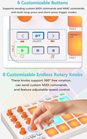 Wireless MIDI Controller Pads, Bluetooth Portable USB with 16 Drum 8 Assignable Knobs & 6 Customizable Buttons, Wireless MIDI Beat Maker in Kuwait