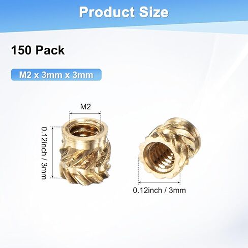 M METERXITY 150-Pack Threaded Inserts, M2 x 3mm x 3mm Brass Female Knurled Metric Nuts Brass Heat Set Insert Embedment Nuts for Plastic/DIY 3D Printing Components in Kuwait
