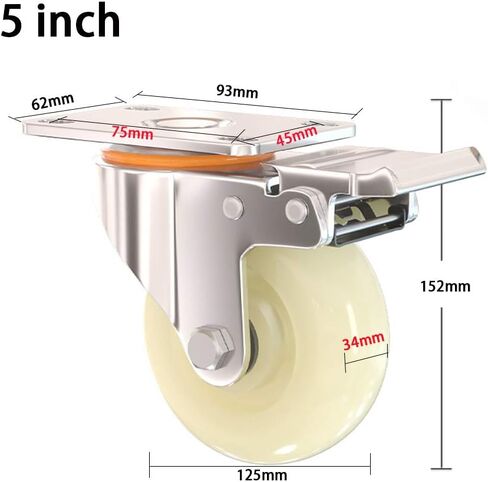 5 Inch Heavy Duty Industrial Swivel Wheels with Brake Nylon Double Bearing for Trolley Workbench 400Kg 4 Pcs in Kuwait