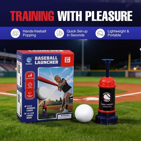 RedSwing Baseball Tee Popper – Pop-Up Baseball Trainer for Beginners, Self-Pitching Hitting Tee with Bat & 3 Balls, Portable Automatic Ball Launcher for Backyard Batting Practice in Kuwait