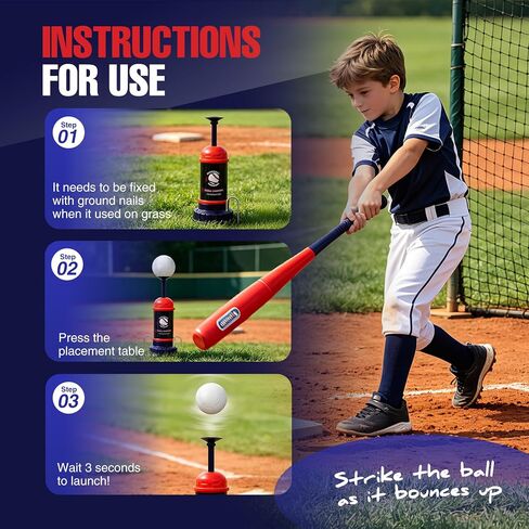 RedSwing Baseball Tee Popper – Pop-Up Baseball Trainer for Beginners, Self-Pitching Hitting Tee with Bat & 3 Balls, Portable Automatic Ball Launcher for Backyard Batting Practice in Kuwait