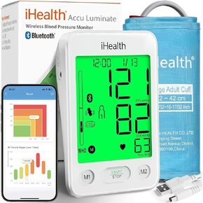 جهاز قياس ضغط الدم iHealth Accu - شاشة LCD كبيرة مقاس 4.5 بوصة (أسود)، دقيق سريريًا، تنبيه لعدم انتظام ضربات القلب، اكتشاف الجسم والأساور، مزامنة بلوتوث، سوار كبير مقاس 8.6 بوصة - 17 بوصة - سهل لكبار السن والبالغين in Kuwait