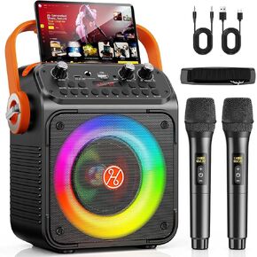 Karaoke Machine, Portable Bluetooth Karaoke Speaker with 2 Wireless Microphones for Adults, PA System with Echo Adjustment, LED Lights, Supports USB/TF/REC/FM/AUX, for Home Party, Outdoor in Kuwait