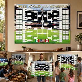 ملصق جدول كأس العالم 2026 مقاس 68.58 سم × 101.6 سم، مخطط جداري كبير لبطولة كرة القدم من القماش، متتبع مباراة قابل للتعبئة بخطافات وحبل، ديكور حفلات كأس العالم لكرة القدم للمنزل والمكتب والبار وغرفة الأولاد in Kuwait