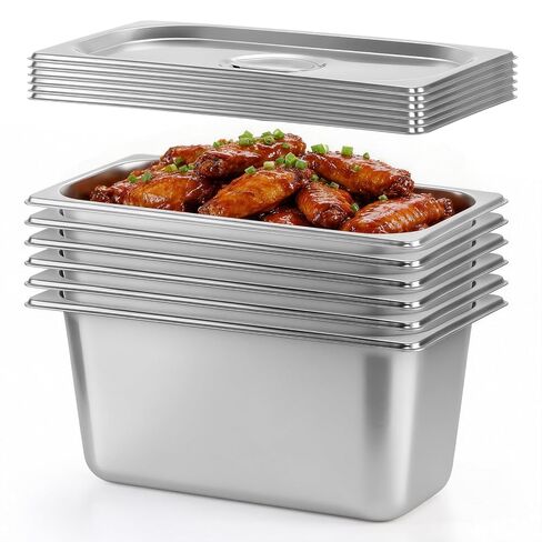 Dyna-Living 6 Pack Hotel Pan, 1/3 Size 6 Inch Deep Steam Table Pan with Lid Anti Jam Stainless Steel Commercial Food Pans Catering Food Storage Containers for Hotel Restaurant Buffet Catering Supplies in Kuwait