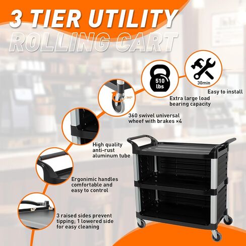 3-Tier Heavy-Duty Metal Service Utility Carts,Storage Mobile Kitchen Cart with Handle & Lockable Wheels,Portable Rolling Cart for Home Hotel Restaurant Garage Kitchen Office Organization in Kuwait