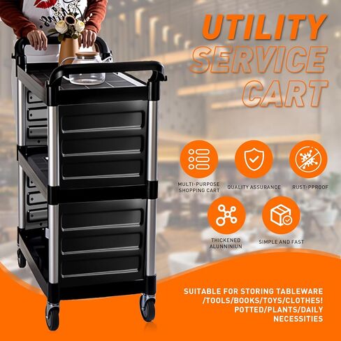 3-Tier Heavy-Duty Metal Service Utility Carts,Storage Mobile Kitchen Cart with Handle & Lockable Wheels,Portable Rolling Cart for Home Hotel Restaurant Garage Kitchen Office Organization in Kuwait