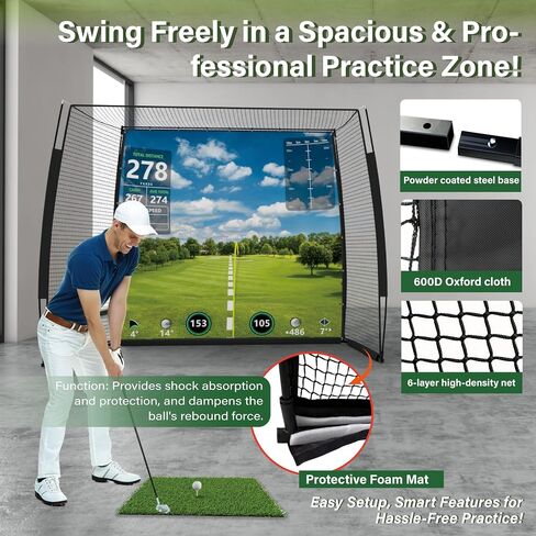 حاوية شاشة تأثير Golf Simulator مع شبكة وهدف (جهاز العرض غير متضمن) - قفص تدريب الجولف مع حماية 270 درجة، إعداد سهل للاستخدام في الطابق السفلي من المرآب المنزلي الداخلي والخارجي in Kuwait