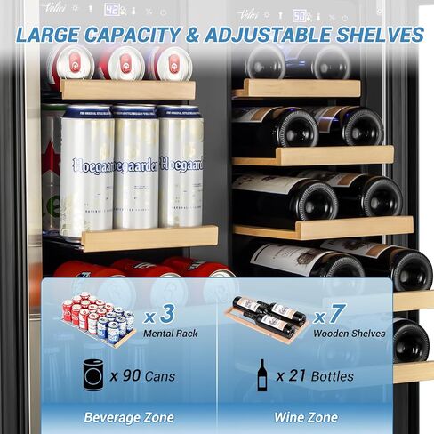 Velivi Wine and Beverage Refrigerator Under Counter, 24 Inch Beverage Fridge Dual Zone with Glass Door, Built In Beverage Cooler with Increase Capacity Space, Advanced Cooling System in Kuwait
