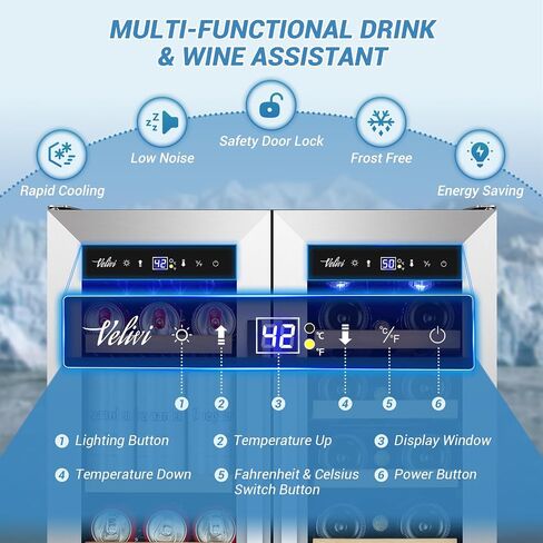 Velivi Wine and Beverage Refrigerator Under Counter, 24 Inch Beverage Fridge Dual Zone with Glass Door, Built In Beverage Cooler with Increase Capacity Space, Advanced Cooling System in Kuwait