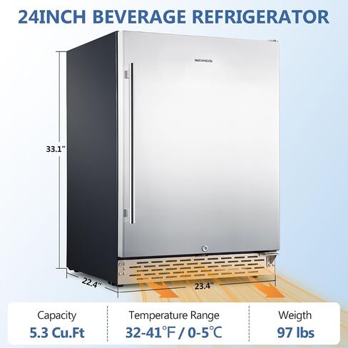 Phiestina Beverage Refrigerator 24Inch, 175 Cans Indoor/Outdoor Undercounter Beverage Cooler Refrigerator Stainless Steel Beer Fridge with Safety Lock Built-in/Freestanding-Silver Foam Door in Kuwait