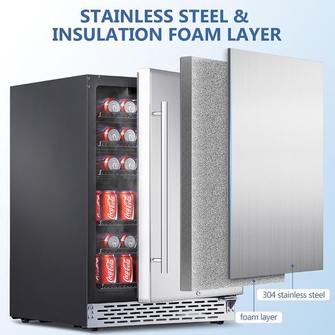 Phiestina Beverage Refrigerator 24Inch, 175 Cans Indoor/Outdoor Undercounter Beverage Cooler Refrigerator Stainless Steel Beer Fridge with Safety Lock Built-in/Freestanding-Silver Foam Door in Kuwait