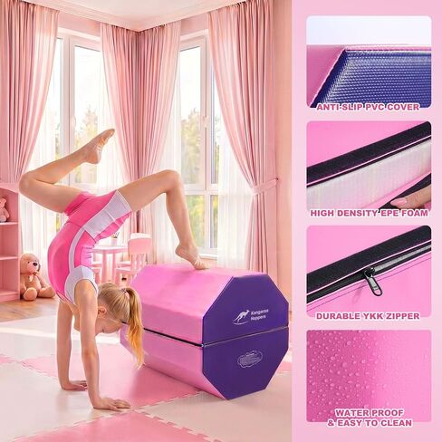 Kangaroo Hoppers 2-in-1 Detachable Gymnastics Octagon Tumble Mat for Kids Ages 3-12,24×26 Inch Splittable Barrel Trainer for Backbend Handspring and Splits Training, Portable Home Gym Equipment， Purple/Pink in Saudi Arabia