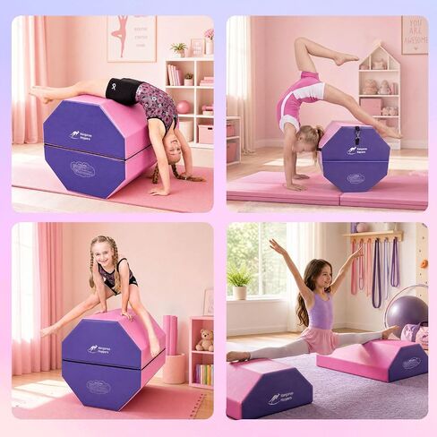 Kangaroo Hoppers 2-in-1 Detachable Gymnastics Octagon Tumble Mat for Kids Ages 3-12,24×26 Inch Splittable Barrel Trainer for Backbend Handspring and Splits Training, Portable Home Gym Equipment， Purple/Pink in Saudi Arabia