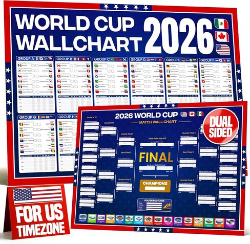 World Cup Bracket Poster 2026 | USA Theme - A1 Size 2026 World Cup Soccer Poster with US Kick Off Times, Fixtures, Stadiums & Host Cities | World Cup Wall Chart in Kuwait