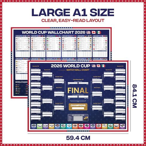 World Cup Bracket Poster 2026 | USA Theme - A1 Size 2026 World Cup Soccer Poster with US Kick Off Times, Fixtures, Stadiums & Host Cities | World Cup Wall Chart in Kuwait