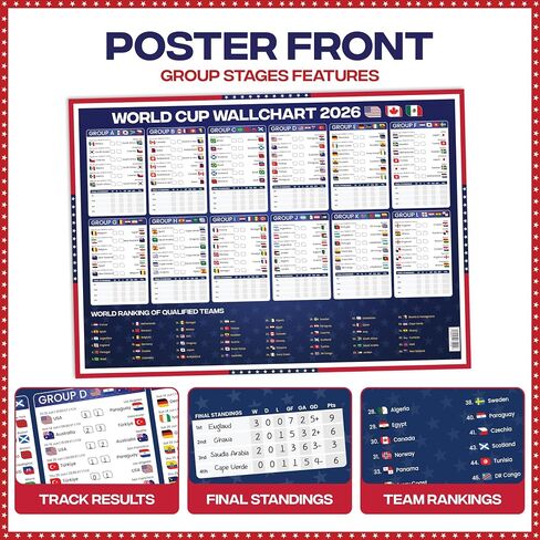 World Cup Bracket Poster 2026 | USA Theme - A1 Size 2026 World Cup Soccer Poster with US Kick Off Times, Fixtures, Stadiums & Host Cities | World Cup Wall Chart in Kuwait