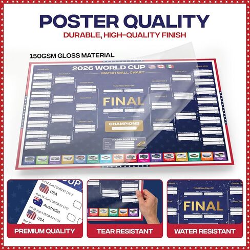 World Cup Bracket Poster 2026 | USA Theme - A1 Size 2026 World Cup Soccer Poster with US Kick Off Times, Fixtures, Stadiums & Host Cities | World Cup Wall Chart in Kuwait