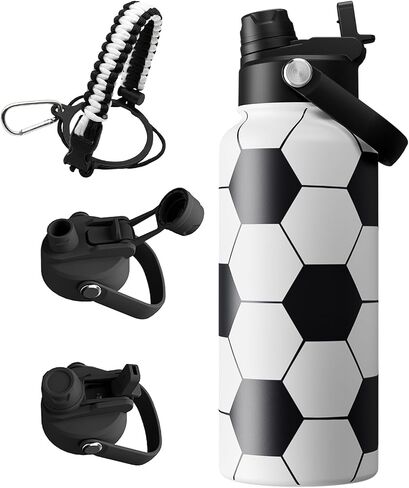 32oz Soccer Insulated Water Bottle 24H Cold Flask with a 2-in-1 Lid | 18/8 Stainless Steel Sweat-Proof Jug for Soccer Matches and Gym Training with a Soft Handle and a Braided Rope Strap in Kuwait