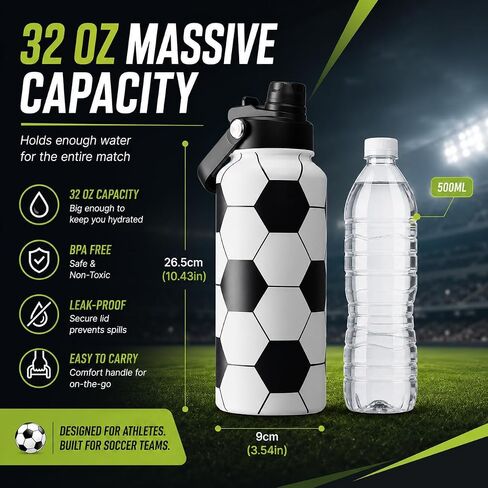 32oz Soccer Insulated Water Bottle 24H Cold Flask with a 2-in-1 Lid | 18/8 Stainless Steel Sweat-Proof Jug for Soccer Matches and Gym Training with a Soft Handle and a Braided Rope Strap in Kuwait