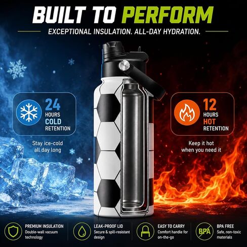32oz Soccer Insulated Water Bottle 24H Cold Flask with a 2-in-1 Lid | 18/8 Stainless Steel Sweat-Proof Jug for Soccer Matches and Gym Training with a Soft Handle and a Braided Rope Strap in Kuwait