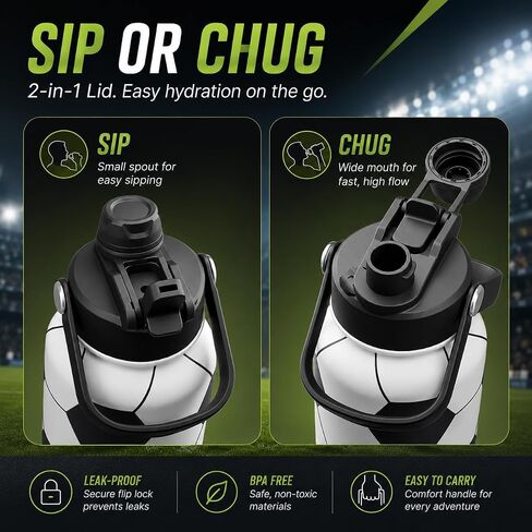 32oz Soccer Insulated Water Bottle 24H Cold Flask with a 2-in-1 Lid | 18/8 Stainless Steel Sweat-Proof Jug for Soccer Matches and Gym Training with a Soft Handle and a Braided Rope Strap in Kuwait